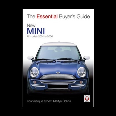 Capa de livro com automóvel MINI azul e branco e texto 'The Essential Buyer's Guide New MINI All models 2001 to 2006'