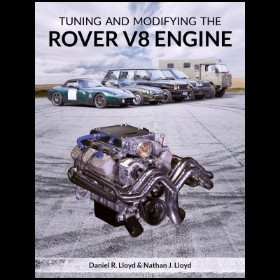 Capa de livro com motor Rover V8 em destaque e carros clássicos ao fundo
