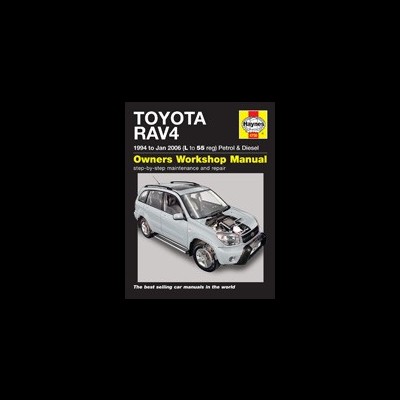Capa de manual de oficina do Toyota RAV4 com imagem de carro prateado e texto em preto, amarelo e branco