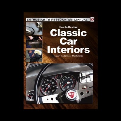 Capa do manual de restauração 'Classic Car Interiors' com imagens de interiores de carros clássicos.