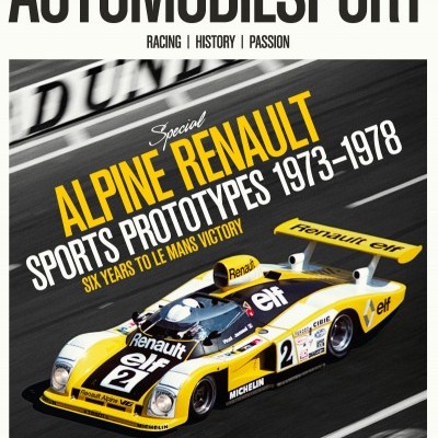 Capa da revista AUTOMOBILSPORT com carro de corrida Alpine Renault amarelo e branco