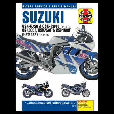 Capa de manual Haynes para motos Suzuki com imagem de moto desportiva azul, branca e cinza