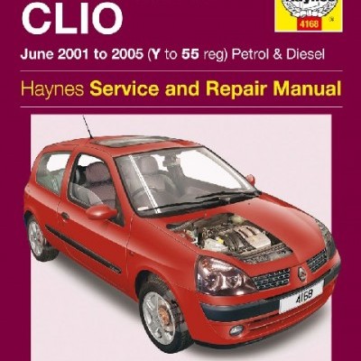 Capa do manual Haynes para Renault Clio 2001-2005, carro vermelho com motor visível