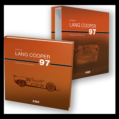 Livro LANG COOPER 97 com caixa, capa laranja com desenho de carro de corrida.
