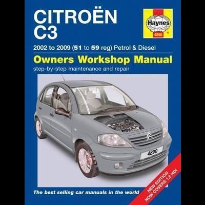 Capa do manual Haynes para Citroën C3, 2002 a 2009, com carro cinzento e texto azul, amarelo e vermelho