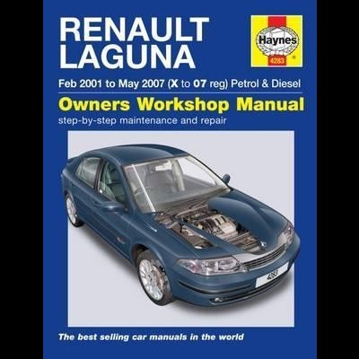 Capa azul de manual para Renault Laguna com foto do carro e texto amarelo e branco