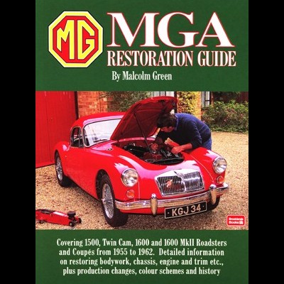Capa do livro MGA Restoration Guide com carro MG vermelho e título em destaque