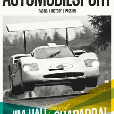 Capa da revista AUTOMOBILSPORT com carro de corrida em voo e texto JIM HALL & CHAPARRAL