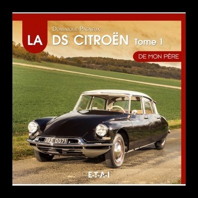 Capa de livro com carro clássico Citroën DS preto e branco na estrada