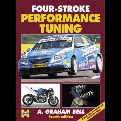 Capa de livro sobre tuning de motores quatro tempos com imagens de carro de corrida e motores