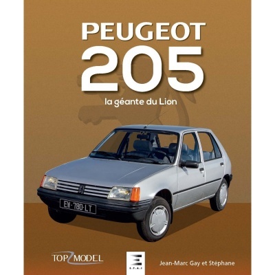 Capa de livro com imagem de carro Peugeot 205 cinza e texto em branco