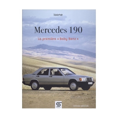 Capa de livro com foto de carro Mercedes 190 cinzento em terreno árido e texto em francês