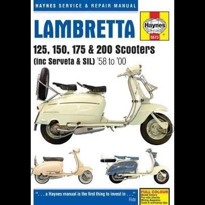 Capa de manual de serviço para scooters Lambretta com imagens de scooters e texto explicativo.