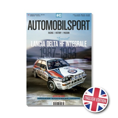 Capa da revista AutomobilSport com carro de rali Lancia Delta HF Integrale branco