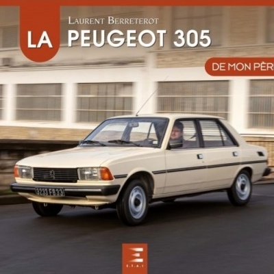 Capa de livro com fotografia de um Peugeot 305 creme a circular