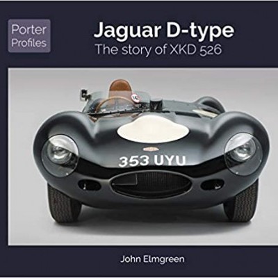 Capa de livro com fotografia frontal Jaguar D-type cinza escuro e texto