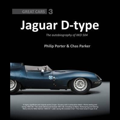 Capa de livro com Jaguar D-type azul escuro e texto em fundo preto