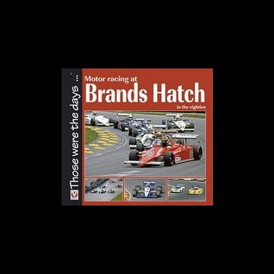 Livro sobre corridas de carros em Brands Hatch na década de 80 com imagens de carros vermelhos e outros na pista