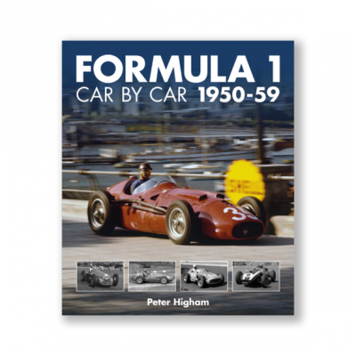 Capa de livro FORMULA 1 CAR BY CAR 1950-59 com carro de corrida vermelho clássico e pequenas fotos em baixo