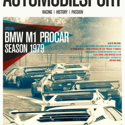 Capa da revista AUTOMOBILSPORT com carros BMW M1 Procar brancos em pista de corrida