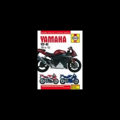 manual Yamaha YZF-R1 de 1998 a 2003 com imagens de motos desportivas vermelha, preta, vermelha e azul