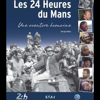 Capa de livro Les 24 Heures du Mans com fotografia histórica e várias pequenas fotos de rostos