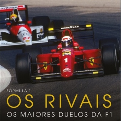 Capa de livro com carros de Fórmula 1 a competir na pista