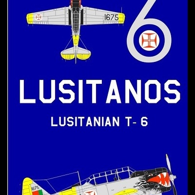 Ilustrações de aviões Lusitanos T-6 em fundo azul com texto e emblemas portugueses