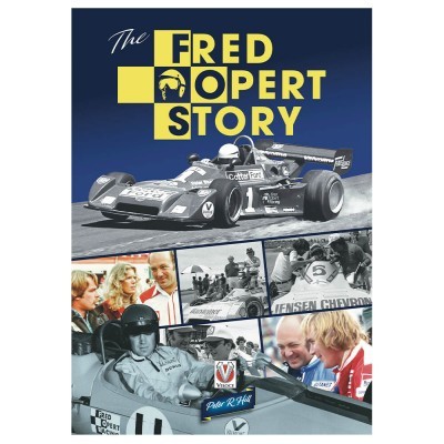 Capa do livro The Fred Opert Story com imagens de carros de corrida e pilotos