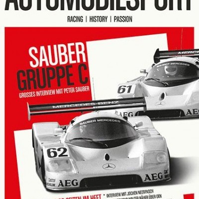 Capa da revista AUTOMOBILSPORT com dois carros de corrida Sauber Gruppe C prateados e textos em alemão