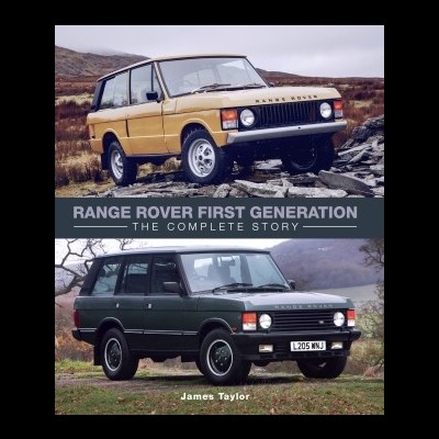 Duas imagens de carros Range Rover de primeira geração, uma amarela em rochas e outra verde num campo, com texto sobreposto