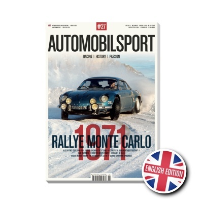 Capa de revista AutomobilSport com carro clássico em rali na neve e selo English Edition