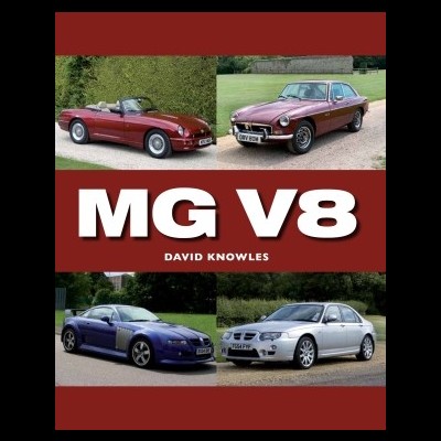 Quatro carros MG V8 de várias cores e texto MG V8 DAVID KNOWLES