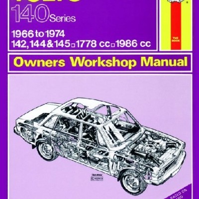 Capa de manual de oficina Volvo 140 Series lilás com ilustração de carro e texto amarelo e branco