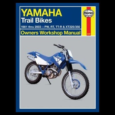 Manual Haynes para motos Yamaha de trilho com capa azul e amarelo e imagem de mota azul com branco