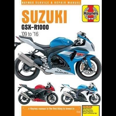 Capa de manual Haynes Suzuki GSX-R1000 '09 a '16 com motos desportivas azuis e vermelhas