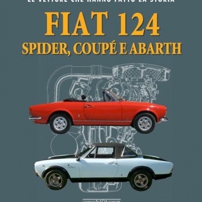 Capa de livro com dois carros Fiat 124, vermelho descapotável e branco coupé, texto em italiano e fundo azul