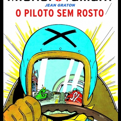 Capa de livro com piloto e capacete azul refletindo corrida