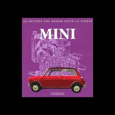 Capa de livro roxa com desenho técnico de motor e carro MINI vermelho