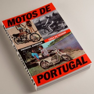 Livro 'MOTOS DE PORTUGAL' com imagens de motos e pessoas, capa vermelha e preta.