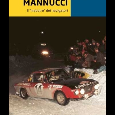 Capa de livro com texto, imagem de carro de rali Lancia na neve com espectadores.