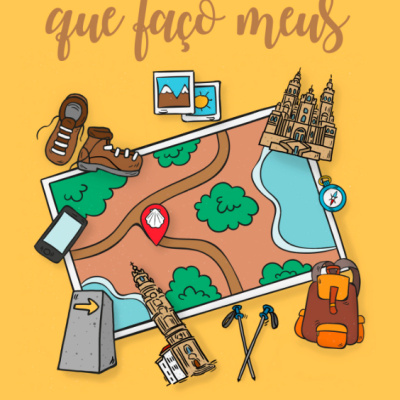 Capa de livro amarelo com título e ilustrações de mapas, botas e pontos turísticos