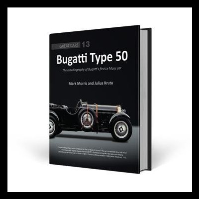Capa de livro preto com imagem de carro antigo Bugatti e texto Bugatti Type 50