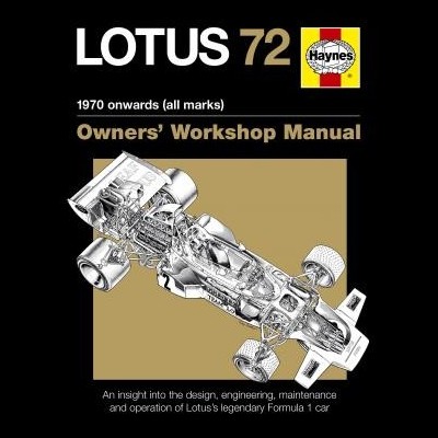 Capa do manual do Lotus 72 com desenho técnico do carro e texto informativo.