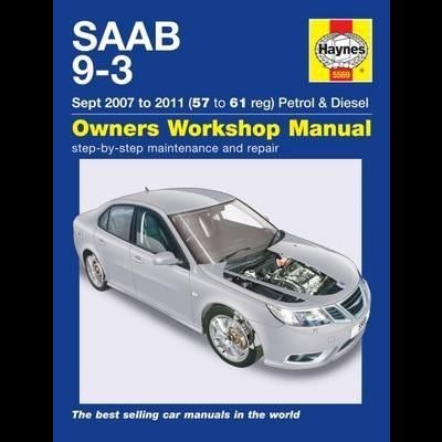 Capa de manual Haynes azul com carro prateado SAAB 9-3 e texto em branco e amarelo