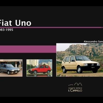 Imagem com três carros Fiat Uno de 1983 a 1995 em várias cores, texto e logotipo