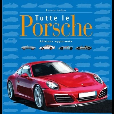 Capa de livro azul com carro Porsche vermelho e texto 'Tutte le Porsche'.
