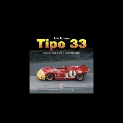 Capa de livro sobre Alfa Romeo Tipo 33 com carro de corrida vermelho e texto no fundo.