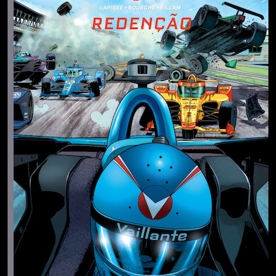 Capa de banda desenhada Michel Vaillant com corrida de carros e piloto com capacete azul