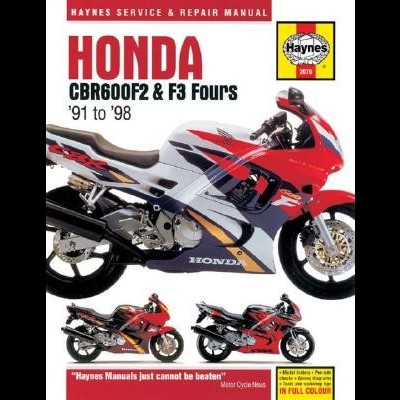Manual Haynes para Honda CBR600F2 e F3 Fours de 1991 a 1998 com imagem de mota vermelha, branca e azul